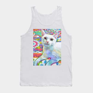 White Cat with Bright Florals Tank Top